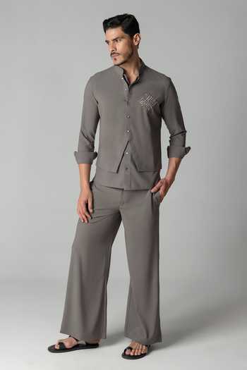 Buy_Amit Arora_Grey Crepe Asymmetric Shirt And Palazzo Set _at_Aza_Fashions