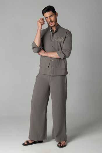 Buy_Amit Arora_Grey Crepe Asymmetric Shirt And Palazzo Set _Online_at_Aza_Fashions