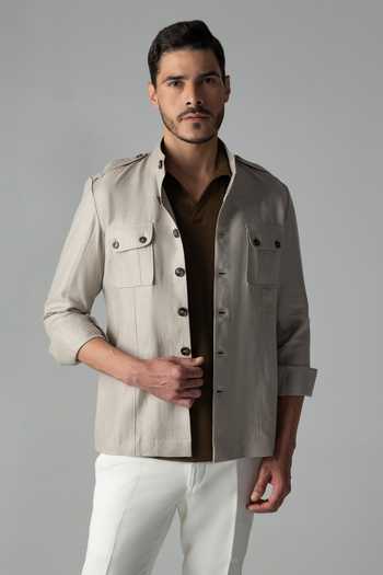 Buy_Amit Arora_Beige Linen Mandarin Collar Shacket _at_Aza_Fashions