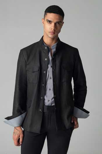 Buy_Amit Arora_Black Linen Mandarin Collar Shacket _at_Aza_Fashions