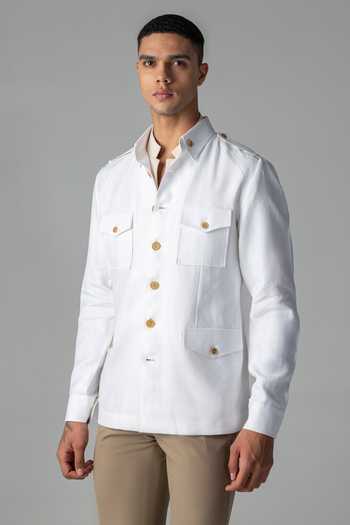 Amit Arora_White Linen Four Patch Pocket Shacket _Online_at_Aza_Fashions