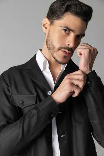 Buy_Amit Arora_Black Linen Full Sleeve Shacket _Online_at_Aza_Fashions
