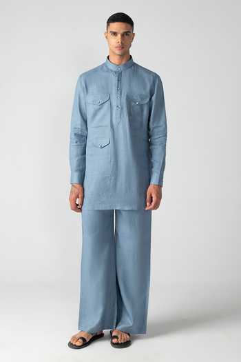 Shop_Amit Arora_Sky Blue Linen Kurta And Palazzo Set _Online_at_Aza_Fashions
