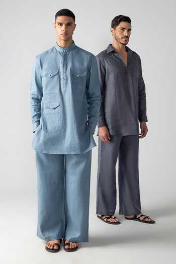Amit Arora_Sky Blue Linen Kurta And Palazzo Set _at_Aza_Fashions