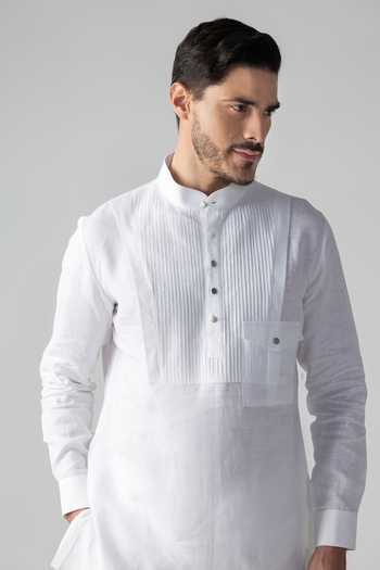 Amit Arora_White Linen Pintuck Kurta And Palazzo Set _Online_at_Aza_Fashions