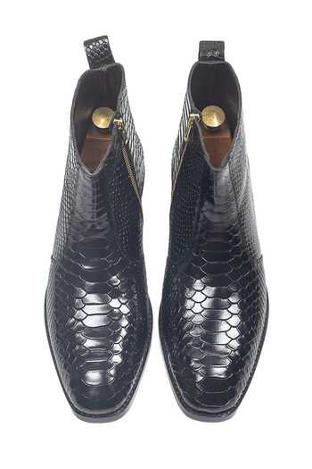 Shop_Domani_Black Serpente Leather Boots _at_Aza_Fashions