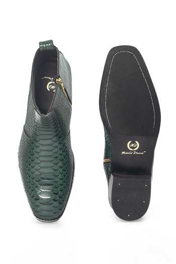 Shop_Domani_Green Serpente Leather Boots _Online_at_Aza_Fashions