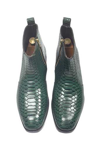 Shop_Domani_Green Serpente Leather Boots _at_Aza_Fashions