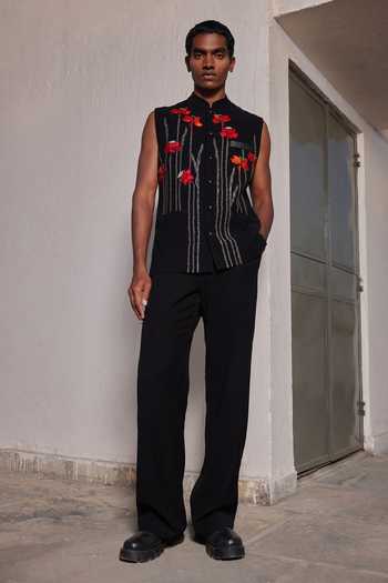 Shop_Shahin Mannan_Black Crepe Narcissus Garden Embroidered Nehru Jacket _at_Aza_Fashions