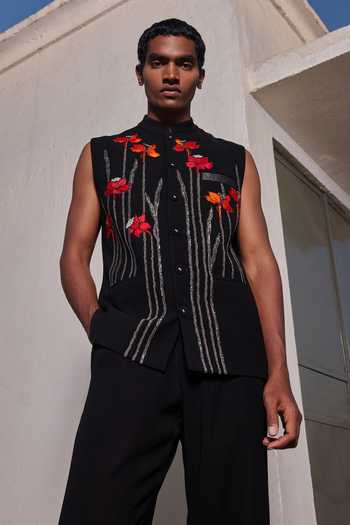 Buy_Shahin Mannan_Black Crepe Narcissus Garden Embroidered Nehru Jacket _at_Aza_Fashions