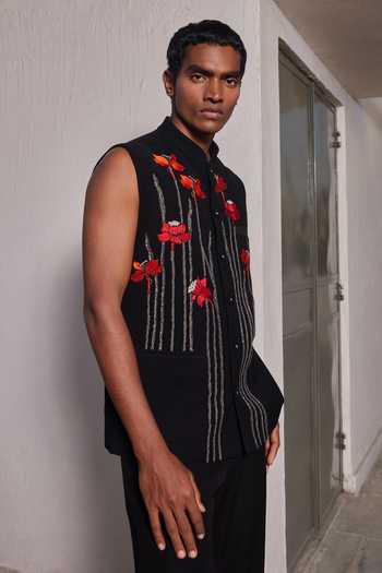 Shahin Mannan_Black Crepe Narcissus Garden Embroidered Nehru Jacket _Online_at_Aza_Fashions