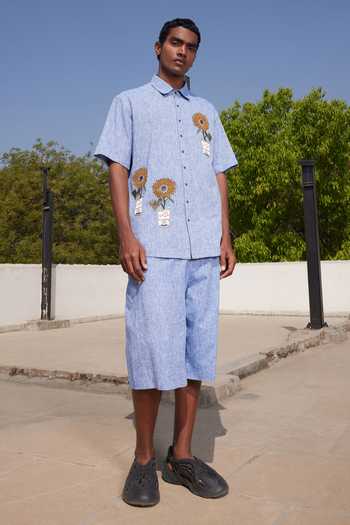 Shop_Shahin Mannan_Blue Pop Can And Flowers Chambray Shirt _at_Aza_Fashions