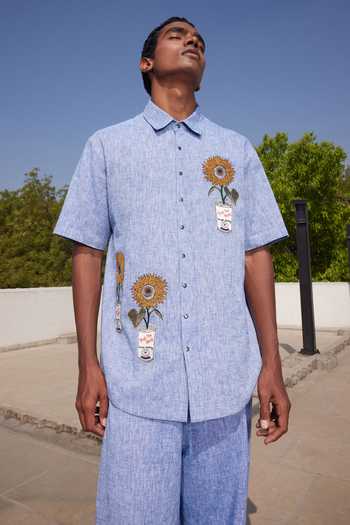 Buy_Shahin Mannan_Blue Pop Can And Flowers Chambray Shirt _at_Aza_Fashions