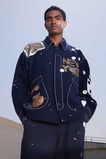 Buy_Shahin Mannan_Navy Suiting Telephone And Text Jacket With Baggy Pant _Online_at_Aza_Fashions