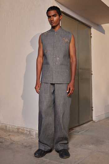 Buy_Shahin Mannan_Grey Denim Baggy Pant _at_Aza_Fashions