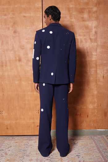 Shop_Shahin Mannan_Navy Suiting Heart Telephone And Text Blazer Pant Set _at_Aza_Fashions