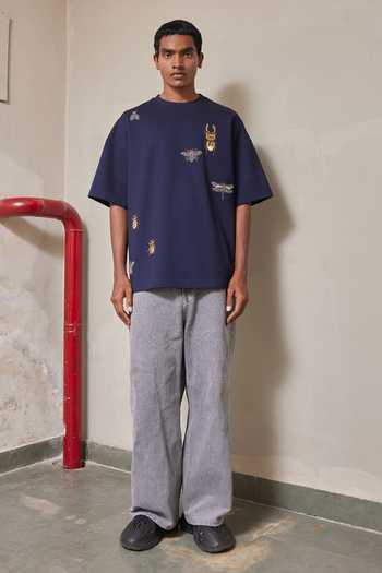Shahin Mannan_Blue Jersey Insect Boxy T-shirt _Online_at_Aza_Fashions