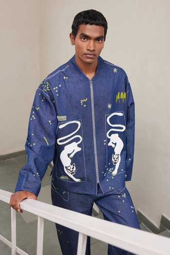 Buy_Shahin Mannan_Blue Denim Funky Panther Jacket _at_Aza_Fashions