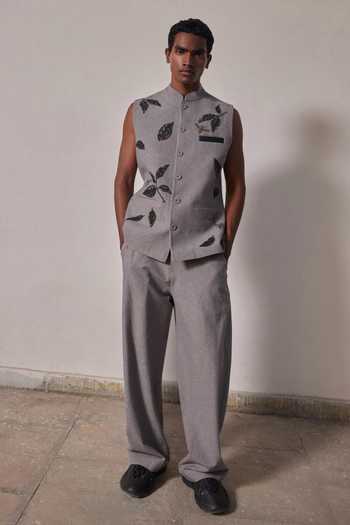 Shop_Shahin Mannan_Black Drifting Leaves Nehru Jacket _at_Aza_Fashions