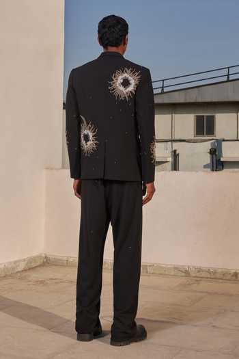 Shop_Shahin Mannan_Black Crepe Multi Petals Embroidered Blazer And Pant Set _at_Aza_Fashions