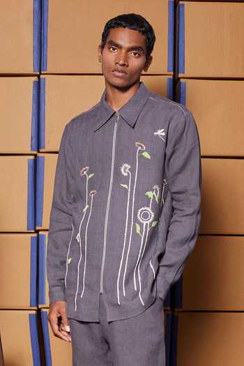 Buy_Shahin Mannan_Charcoal Linen Gentle Garden Full Sleeve Shirt _at_Aza_Fashions