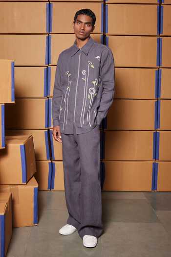 Shahin Mannan_Charcoal Linen Gentle Garden Full Sleeve Shirt _Online_at_Aza_Fashions