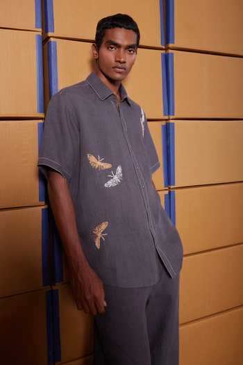 Shahin Mannan_Grey Linen Moth Half Sleeve Boxy Shirt _Online_at_Aza_Fashions