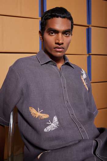 Buy_Shahin Mannan_Grey Linen Moth Half Sleeve Boxy Shirt _Online_at_Aza_Fashions
