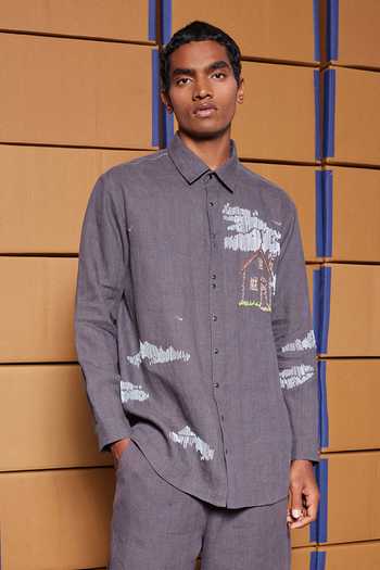 Buy_Shahin Mannan_Grey Linen Outhouse Full Sleeve Pure Men's Shirt _at_Aza_Fashions