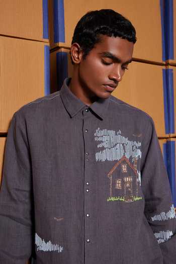 Shop_Shahin Mannan_Grey Linen Outhouse Full Sleeve Pure Men's Shirt _Online_at_Aza_Fashions