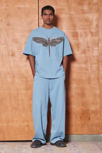 Shahin Mannan_Blue Cotton, Jersey Big Dragonfly Oversized T-shirt _Online_at_Aza_Fashions