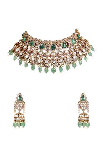 Shop_Auraa Trends_Multi Color Green Kundan Choker Set _Online_at_Aza_Fashions