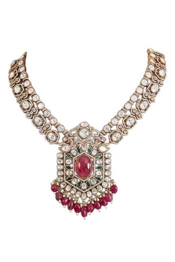 Auraa Trends_Pink Kundan Embellished Necklace Set _Online_at_Aza_Fashions