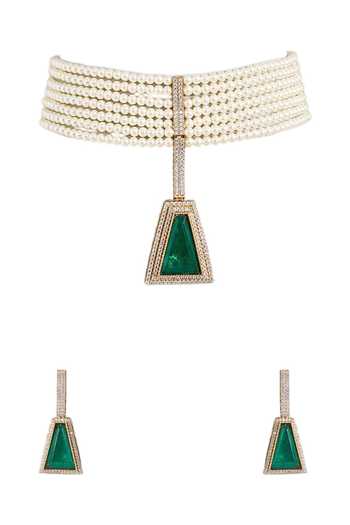 Buy_Auraa Trends_Green Pearl Choker Necklace Set _Online_at_Aza_Fashions