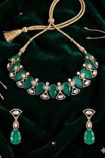 Shop_Auraa Trends_Emerald Green Statement Necklace Set _at_Aza_Fashions