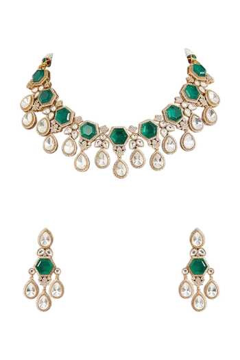 Auraa Trends_Green Emerald Hexagon Stone Necklace Set _Online_at_Aza_Fashions