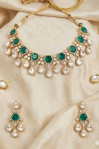Shop_Auraa Trends_Green Emerald Hexagon Stone Necklace Set _at_Aza_Fashions