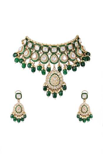 Buy_Auraa Trends_Green Kundan Choker Necklace Set _Online_at_Aza_Fashions