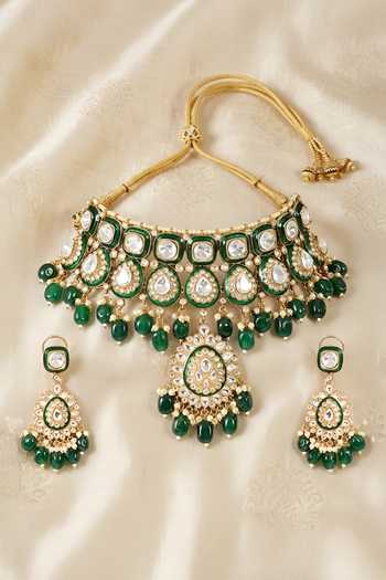 Shop_Auraa Trends_Green Kundan Choker Necklace Set _at_Aza_Fashions