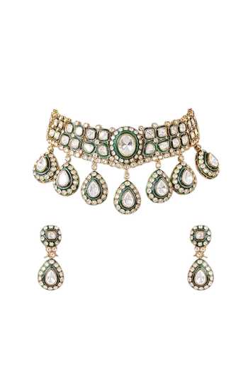 Buy_Auraa Trends_Green Emerald Kundan Choker Necklace Set _Online_at_Aza_Fashions