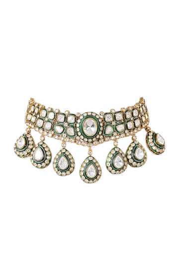Auraa Trends_Green Emerald Kundan Choker Necklace Set _at_Aza_Fashions