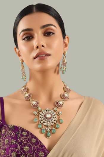 Buy_Auraa Trends_Pink Kundan Polki Necklace Set _at_Aza_Fashions