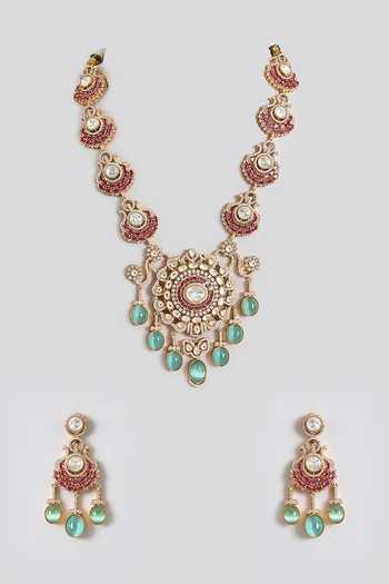 Shop_Auraa Trends_Pink Kundan Polki Necklace Set _at_Aza_Fashions