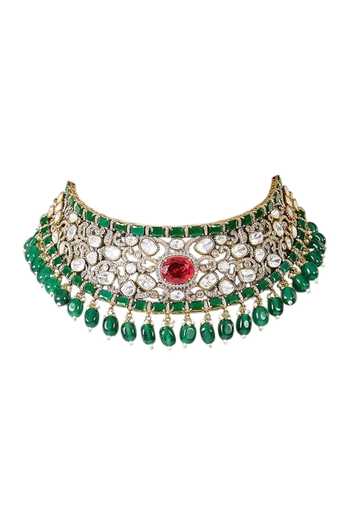 Buy_Auraa Trends_Green Emerald Kundan Choker Necklace Set _Online_at_Aza_Fashions