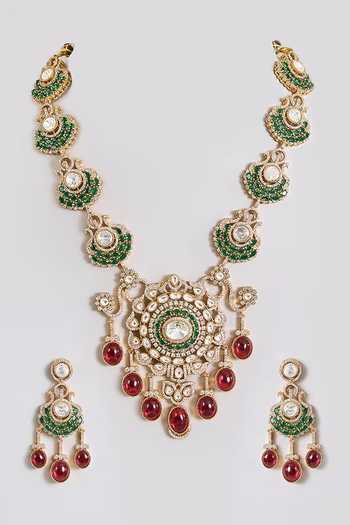 Shop_Auraa Trends_Green And Ruby Red Stone Necklace Set _at_Aza_Fashions