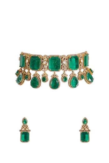 Buy_Auraa Trends_Green Stone Studded Choker Set _Online_at_Aza_Fashions