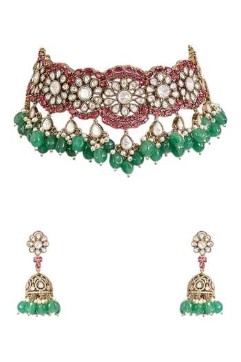 Buy_Auraa Trends_Pink Kundan Polki Choker Necklace Set _Online_at_Aza_Fashions