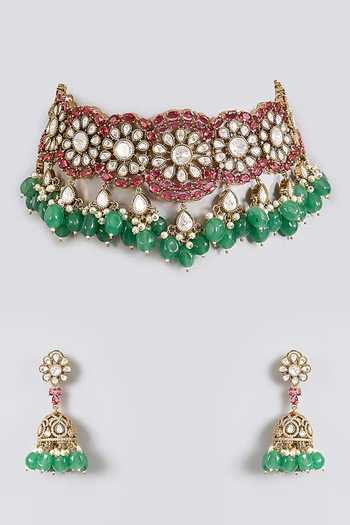 Shop_Auraa Trends_Pink Kundan Polki Choker Necklace Set _at_Aza_Fashions
