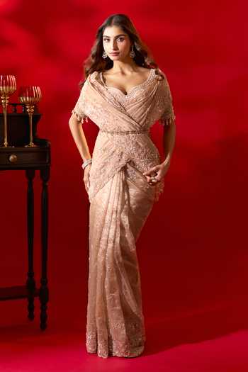 Shop_Azeera_Gold Tissue Embroidered Saree With Unstitched Blouse Piece _Online_at_Aza_Fashions