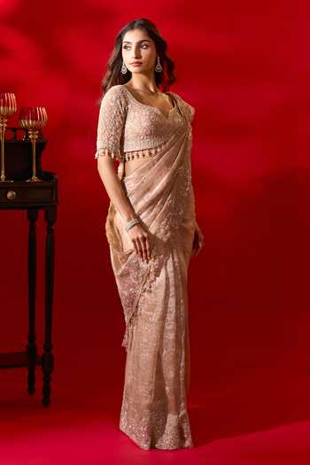 Buy_Azeera_Gold Tissue Embroidered Saree With Unstitched Blouse Piece 